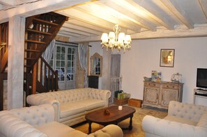 Télévision, cheminée, lecteur de DVD, livres