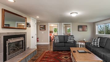 Televisión, chimenea, reproductor de DVD y libros