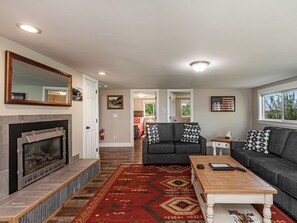 TV, fireplace, DVD player, books