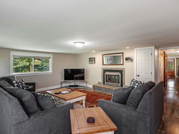 TV, fireplace, DVD player, books