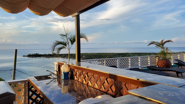 Una terrazza con vista sul mare, un lavandino e una pianta in vaso.