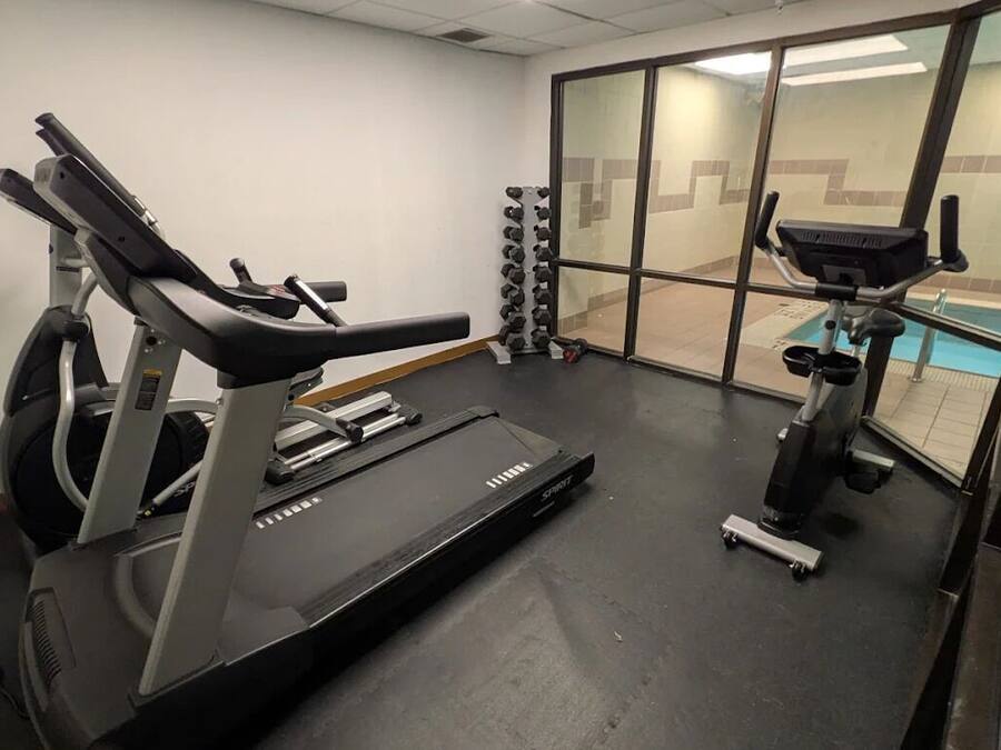 Une salle de sport équipée d’un tapis de course, d’un vélo elliptique et de poids.