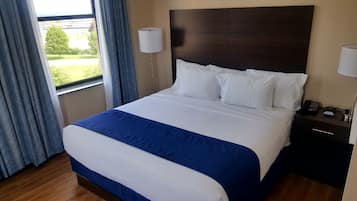 A hotel room with a large bed, a nightstand with a lamp, and a view of a green landscape through the window.