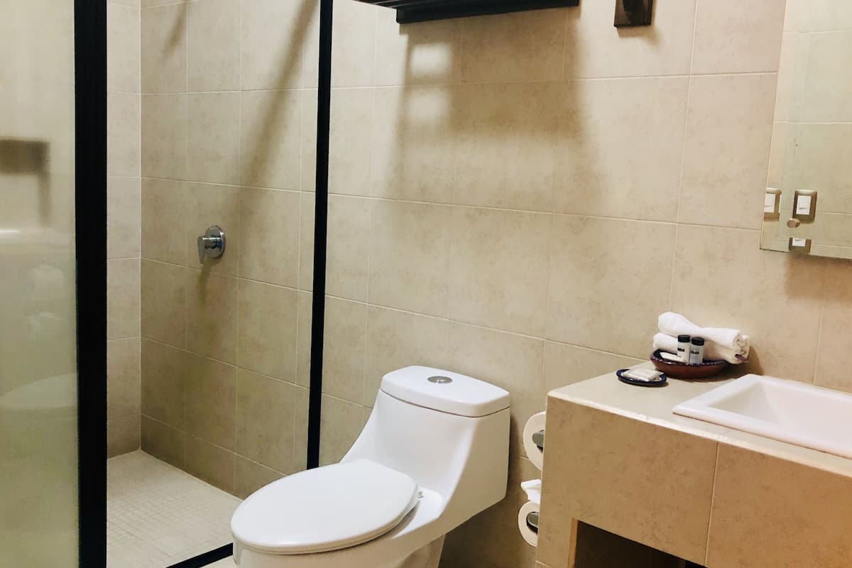 basic quadruple room | bathroom | shower, towels, soap, shampoo