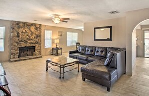 Smart TV, fireplace, books