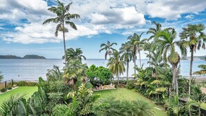 A tropical garden with palm trees, a lawn, and a seating area by the water.