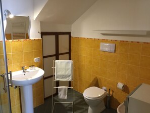 Shower, hair dryer, bidet, towels