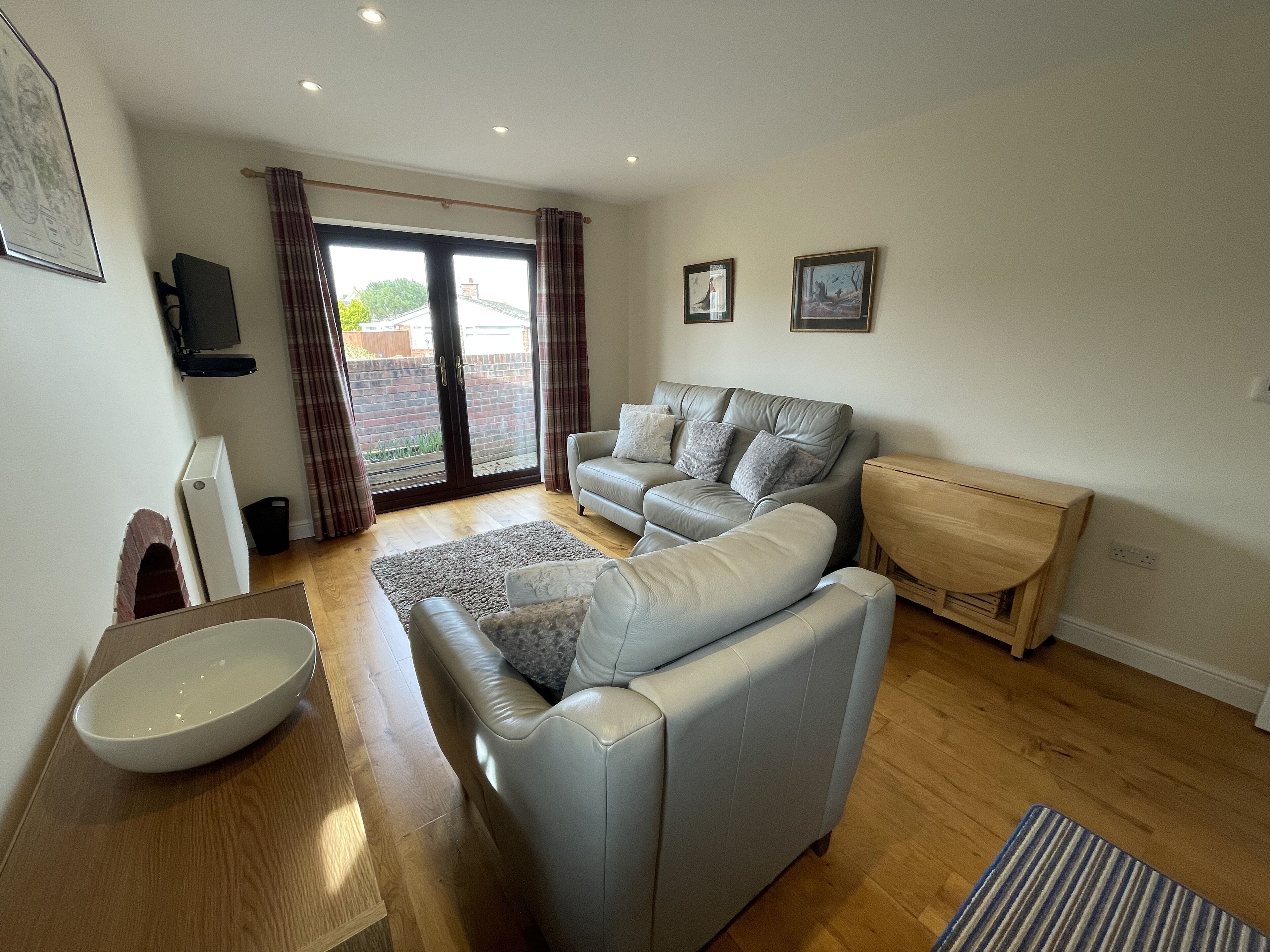 TV, fireplace, books