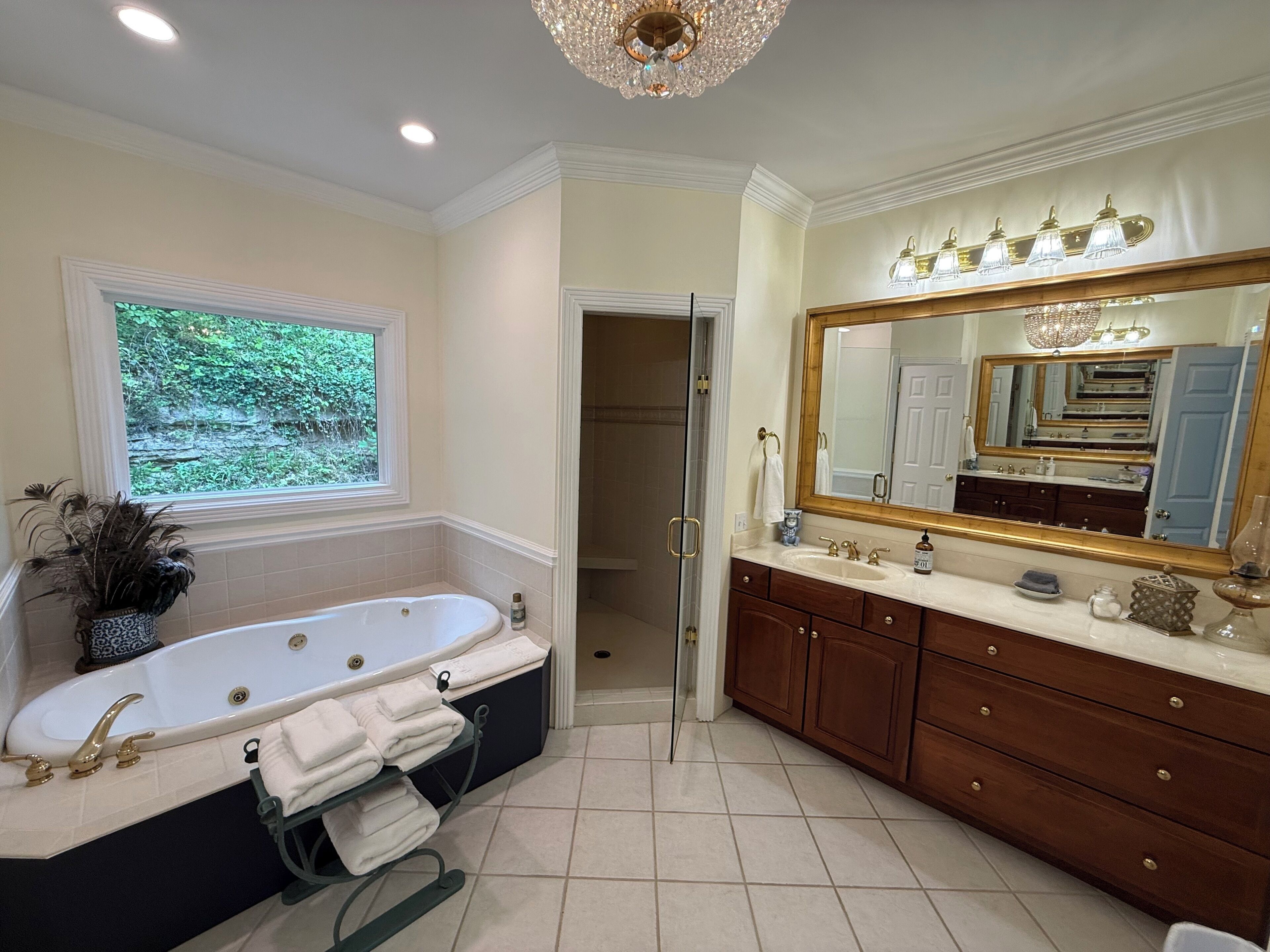 Combined shower/tub, hair dryer, towels, soap