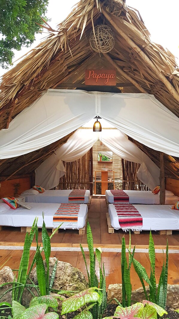 Family Cabin, 1 Bedroom | Individually decorated, bed sheets - El Búho Eco-Cabañas Hostal. (Bacalar)