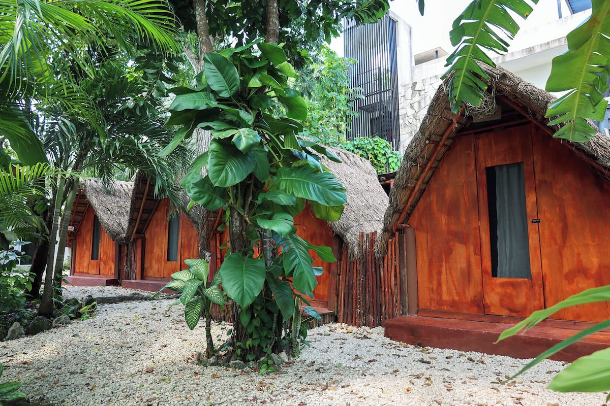 Un resort tropical con cabañas de techo de paja, rodeado de exuberante vegetación y un camino de grava.