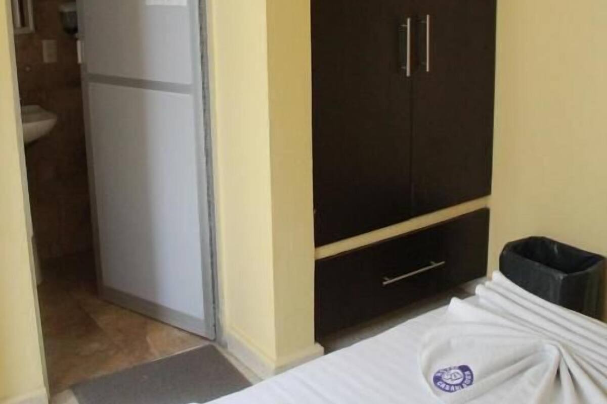 A hotel room with a bed, a wardrobe, a television, and a refrigerator.