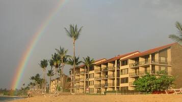 On the beach, sun loungers, beach towels