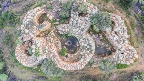 Vista aerea di una struttura circolare in pietra con cerchi concentrici multipli e uno stagno centrale, circondata da vegetazione rada.