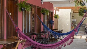 A cozy outdoor seating area with wooden tables and chairs, a hammock, and potted plants.
