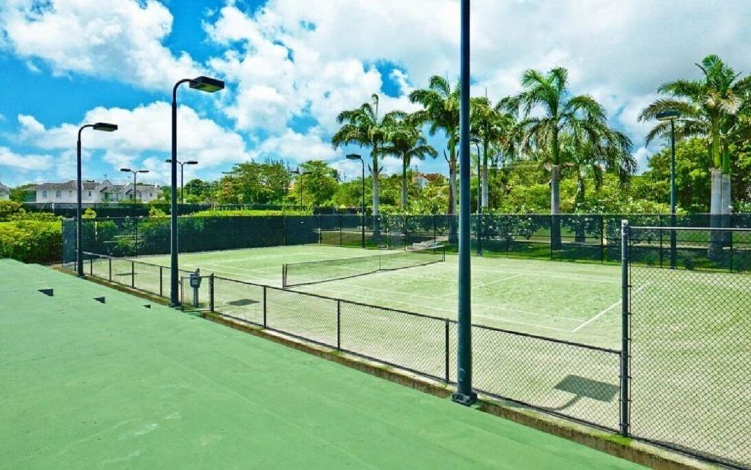 A tennis court with a green surface, surrounded by a chain-link fence, and palm trees in the background.