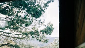 A window with a view of a tree and a grassy field. - June Lake Home with a view - 2bd / 2ba + loft (June Lake)
