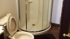 Een badkamer met een douchecabine, een toilet en een wastafel.