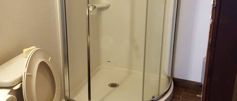 Een badkamer met een douchecabine, een toilet en een wastafel.