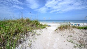 A sandy beach path leading to the ocean with sparse vegetation and a clear sky. - 1 step and you are on the BEACH! Watch amazing sunsets from 3 decks! PremierHost (Indian Rocks Beach)