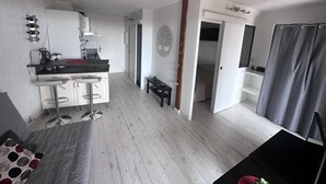 Un appartement moderne et compact comprenant un coin cuisine, un espace repas et un salon.