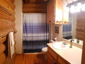 Combined shower/tub, hair dryer, towels, soap