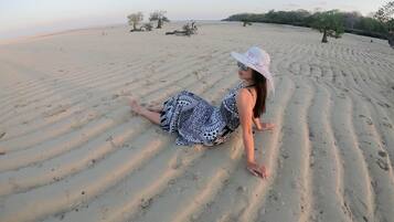 On the beach, white sand, beach shuttle, sun loungers