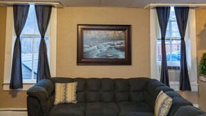 Un salon avec un canapé de couleur sombre, deux fenêtres avec des rideaux foncés et un tableau encadré accroché au mur.