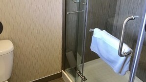 A glass-enclosed shower stall with a towel rack and a toilet with a towel on the wall. - Festival Courtyard Inn (Stratford)