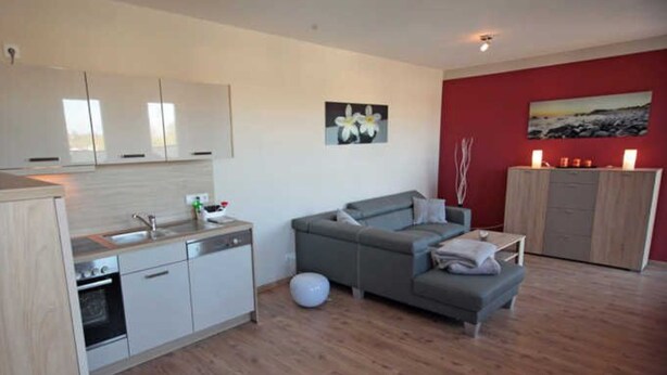 A modern kitchen with white cabinets, a dishwasher, and a stove. There is a grey sofa with cushions and a small table with a candle. A red wall with a painting is visible. - Apartment 3 - Jack & Richies apartments (Greifswald)