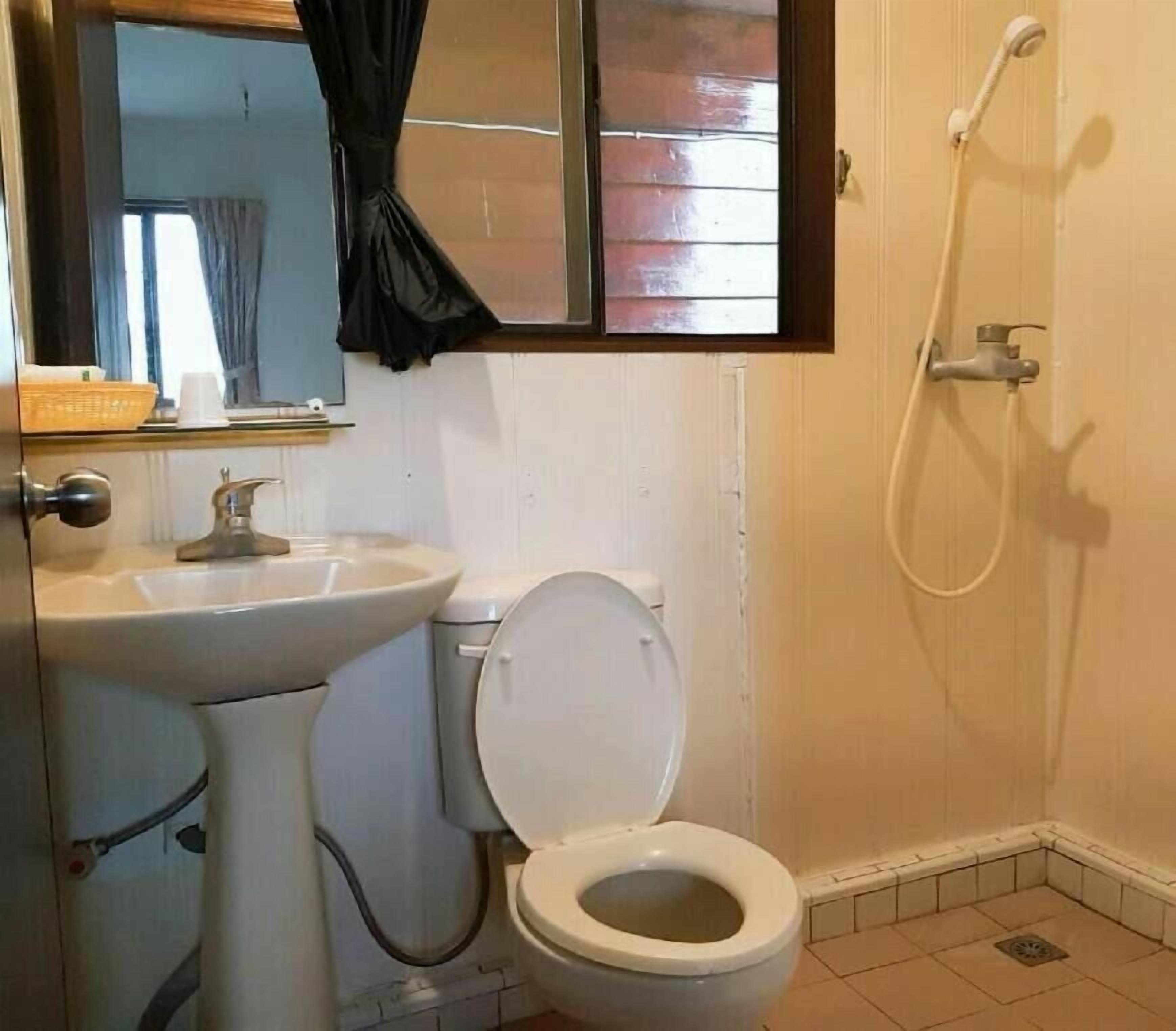 A bathroom with a sink, toilet, and shower.