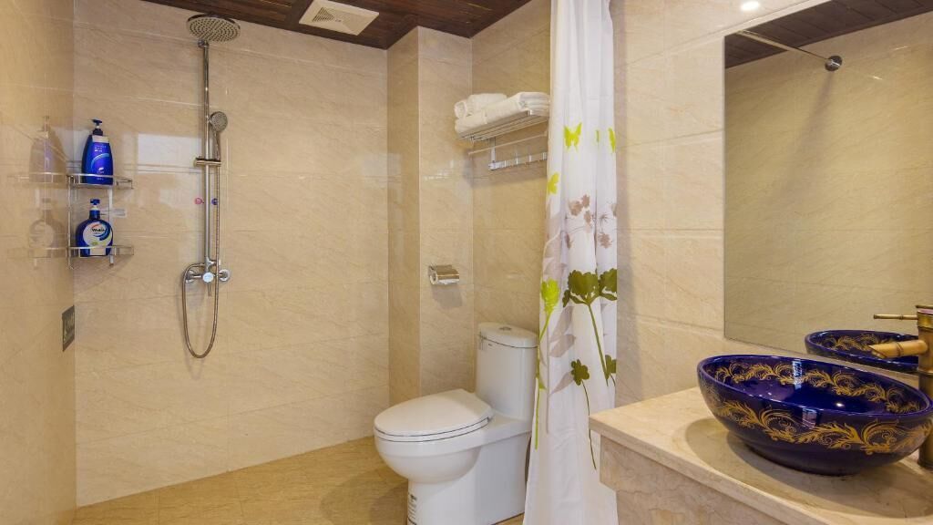 A bathroom with a shower, toilet, and a sink with a decorative bowl.