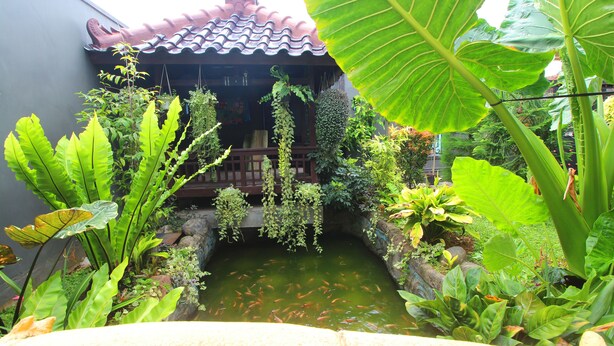 Un edificio tradicional con techo de tejas, un estanque con peces y exuberante vegetación tropical.