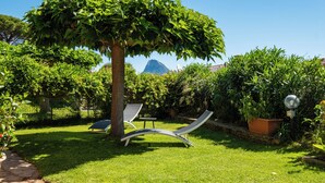 Een tuin met een boom, twee loungesteilen en een berg op de achtergrond.