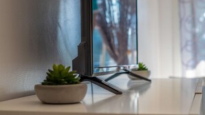 Televisor de pantalla plana fixat a la paret, amb dues petites plantes en testoses sobre una superfície blanca a sota.