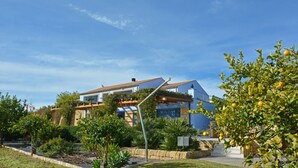 Une maison moderne avec un toit en pente, de grandes fenêtres et un jardin bien entretenu, agrémenté de diverses plantes et d’un arbre fruitier.