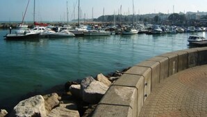 Un port de plaisance où sont amarrés différents types de bateaux, une promenade bordée de pierres et, au loin, le profil de la ville.