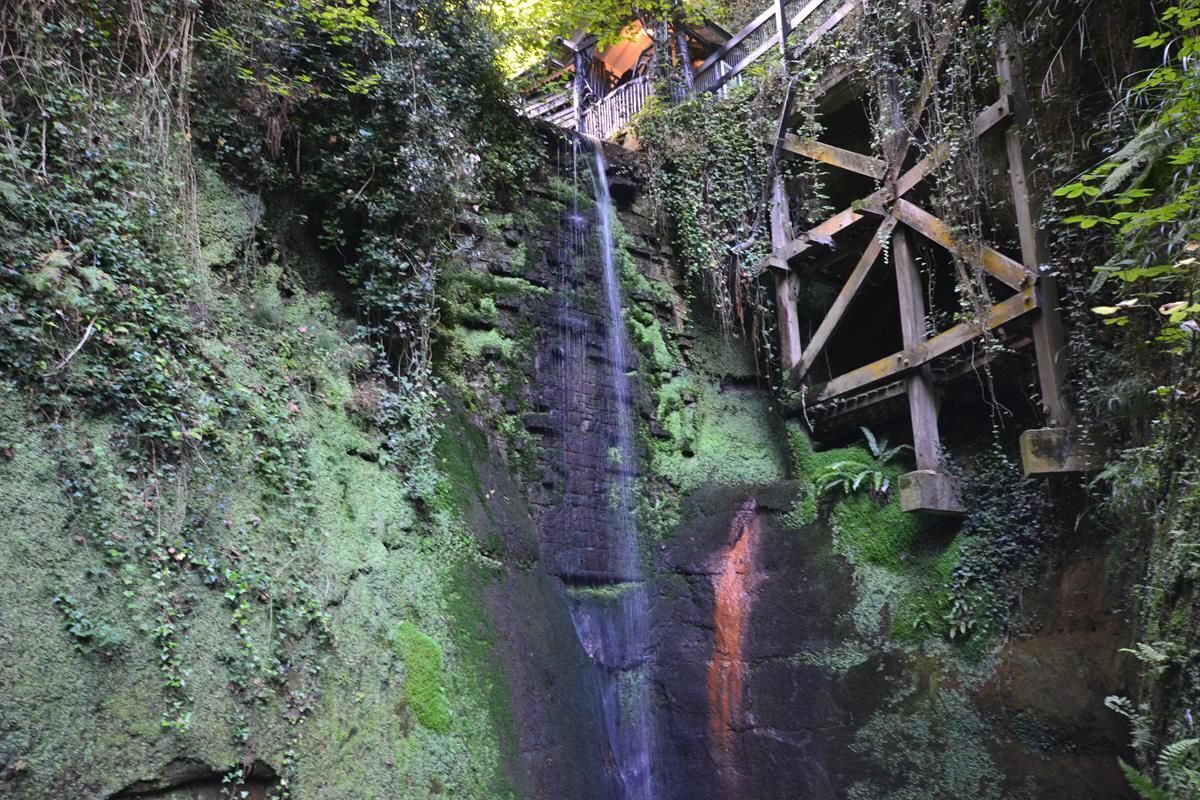 Una cascada se precipita por una pared rocosa cubierta de musgo, con un puente de madera en lo alto.