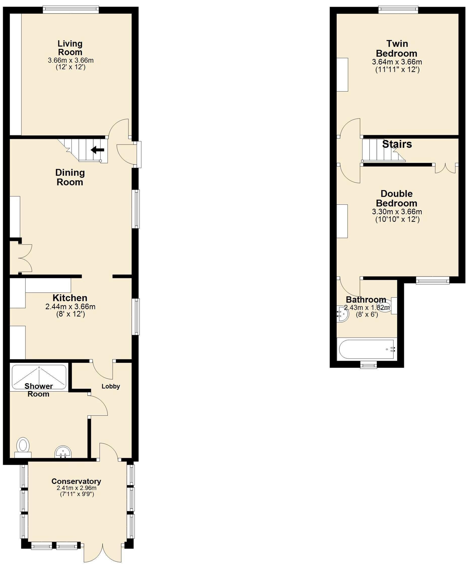 Een plattegrond van een pand met een woonkamer, eetkamer, keuken, badkamer, douchekamer, tuinkamer, twee-persoons slaapkamer, tweepersoons slaapkamer en een trap.