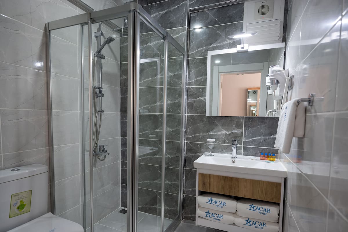 Duş, ücretsiz banyo/kozmetik ürünleri, saç kurutma makinesi, terlik