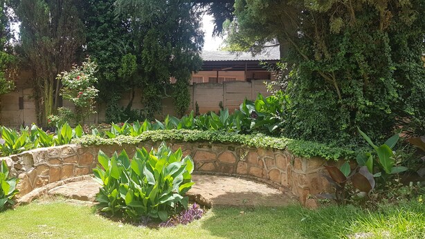 Jardim com muro de pedra, vegetação exuberante e caminho de pedras.