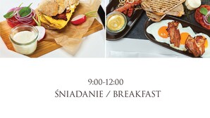 Un menu de petit-déjeuner proposant divers plats, notamment des sandwichs, des fruits et des œufs.