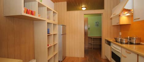 A compact kitchen with wooden cabinets, a built-in refrigerator, and a stove.