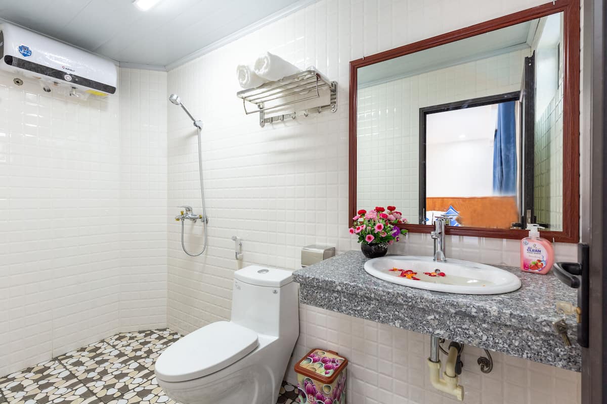 A bathroom with a white toilet, a shower, a sink with a marble countertop, and a mirror with a wooden frame.