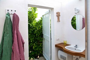 Shower, hair dryer, bidet, towels