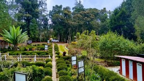 Ein Gartenweg führt zu einer weißen Zelthalle, umgeben von üppigem Grün und einem roten Gebäude mit weißen Türen.