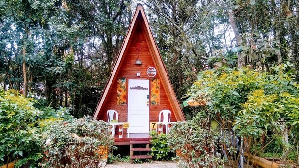 Eine Holzhütte mit einem Satteldach, umgeben von dichtem Grün.