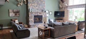 TV, fireplace, foosball