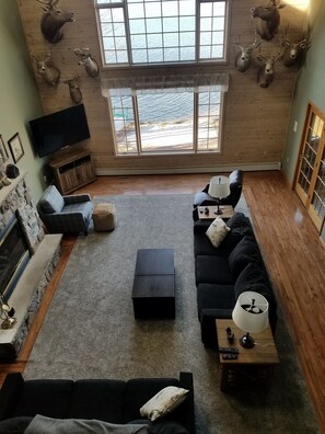 TV, fireplace, table football - Pocono Area Lakefront Estate, GREAT FOR KIDS, Pontoon boat for rent, game room. (Drums)