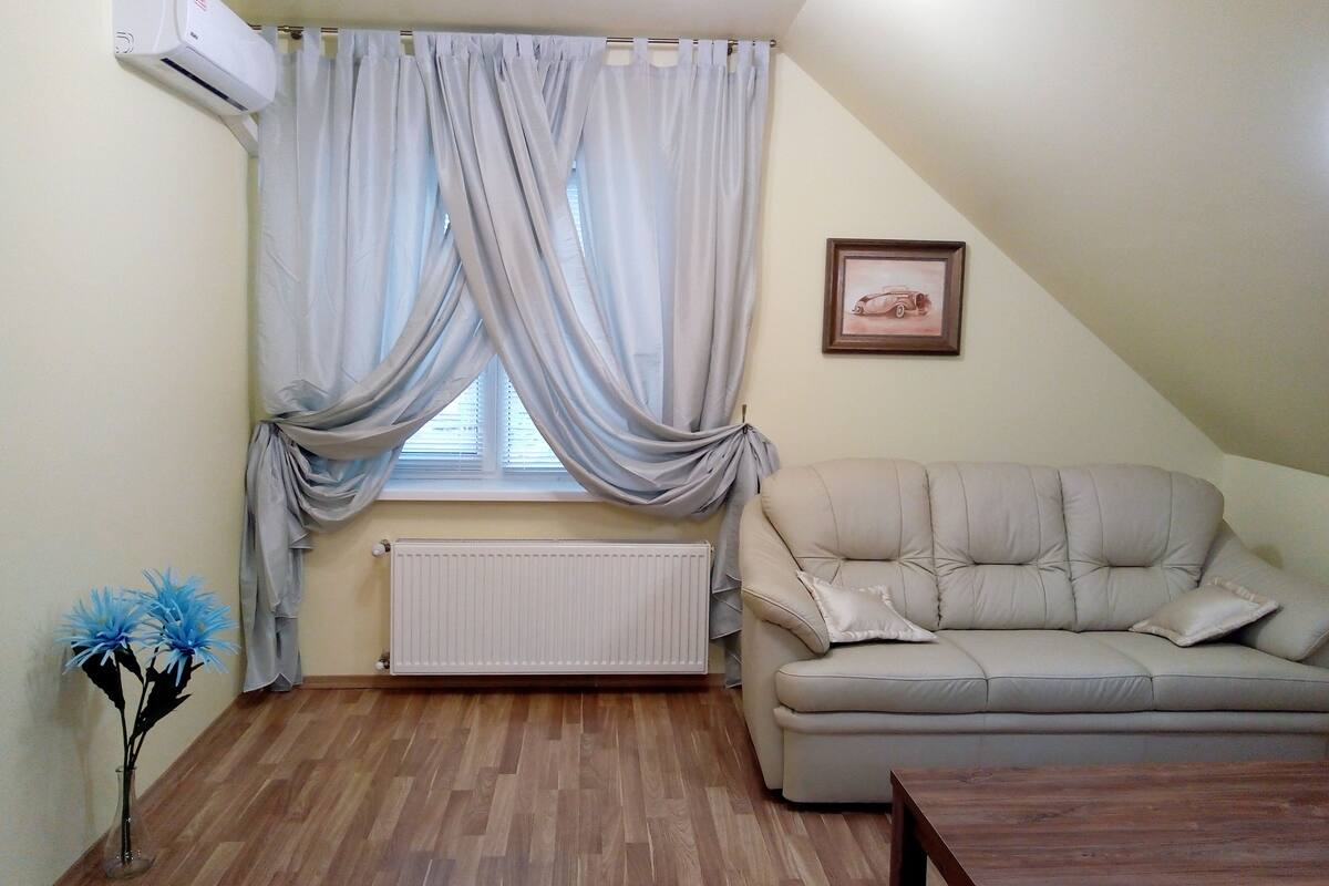 Ein Wohnzimmer mit einem beigen Sofa, einem Heizkörper, einem Fenster mit Vorhängen, einem gerahmten Bild an der Wand und einer Vase mit blauen Blumen auf dem Boden.